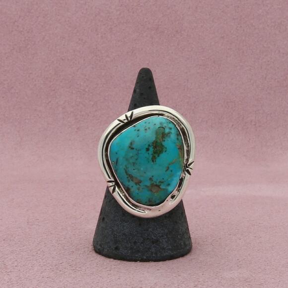 Native Jewelry - navajo sterling silver vintage bezel-set turquoise wide band ring size 9